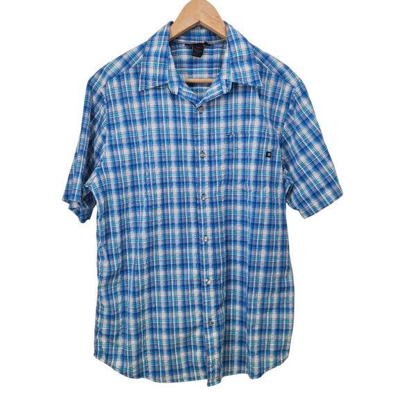 Marmot Mens‎ Blue Plaid Short Sleeve Button-Up Shirt L Nylon/Polyester - Picture 1 of 8